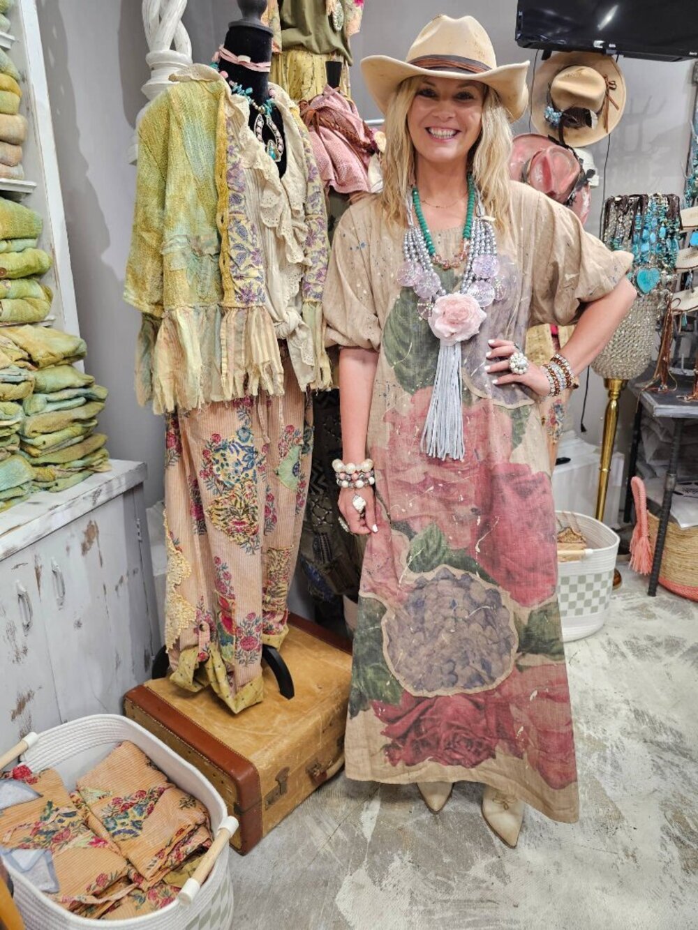 NWT A Rare Bird Splatter Paint Natural Linen Vintage Rose Patch Dress